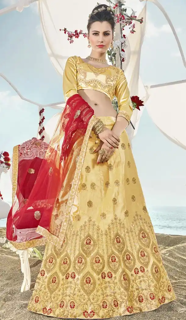 Chic Beige Color Silk Embroidery Party Wear Lehenga Choli - 425851936