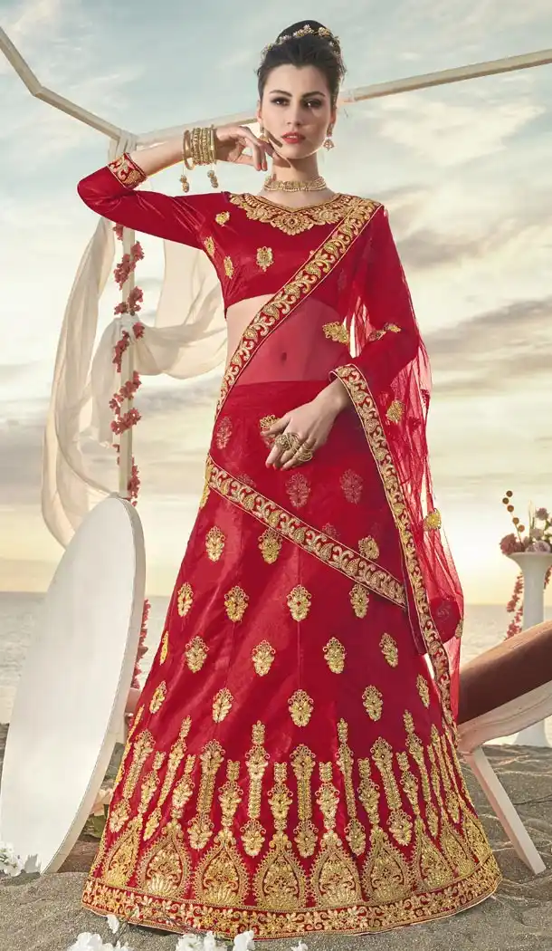 Ravishing Red Color Silk Embroidery Party Wear Lehenga Choli - 425851940