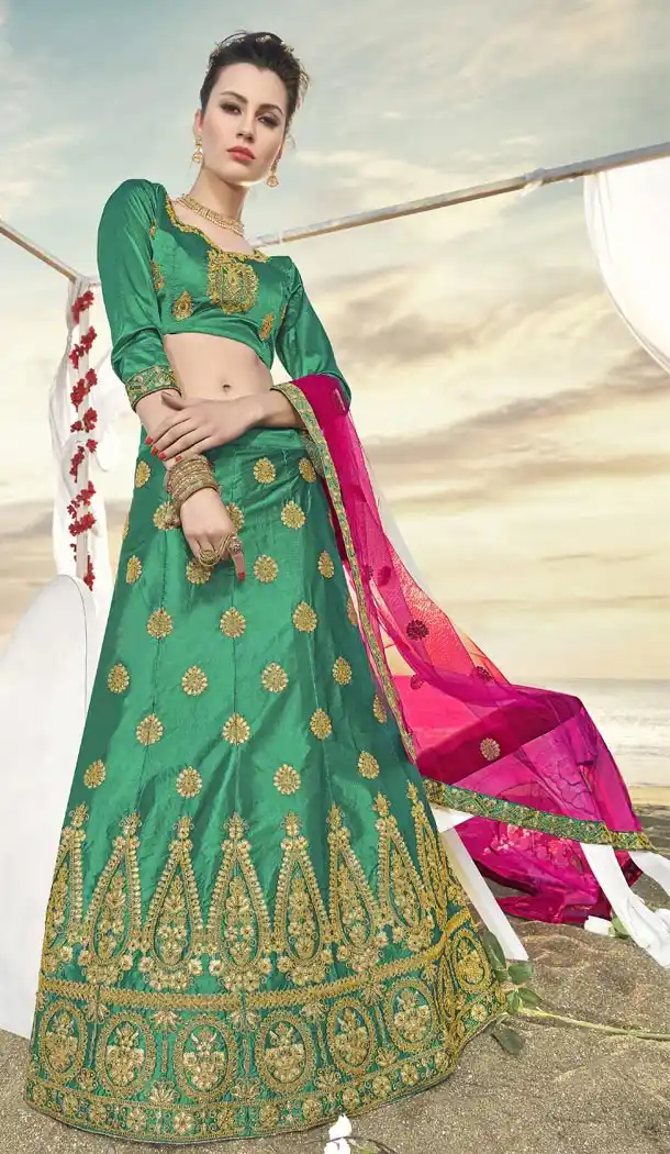 Green Color Silk Embroidery Party Wear Lehenga Choli - 425851942
