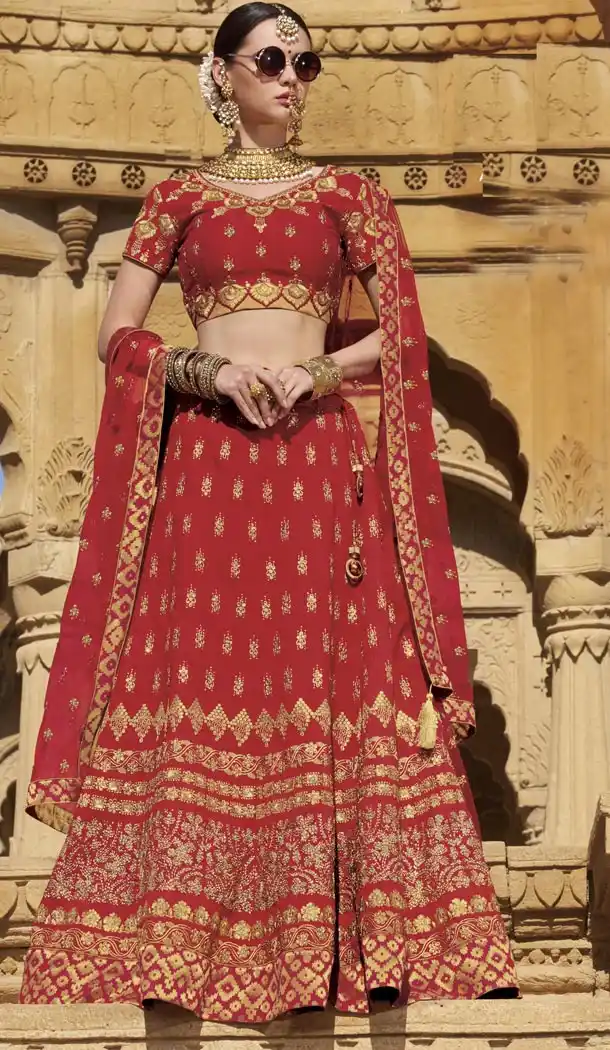 Red Color Raw Silk Desiger Bridal Wear Lehenga Choli - 425051765