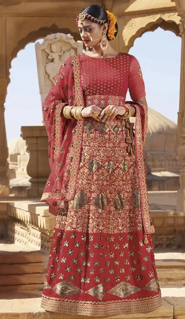 Redish Pink Color Raw Silk Desiger Bridal Wear Lehenga Choli - 425051768