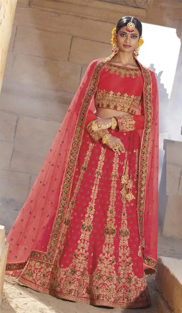 Hot Pink Color Raw Silk Desiger Bridal Wear Lehenga Choli - 425051770