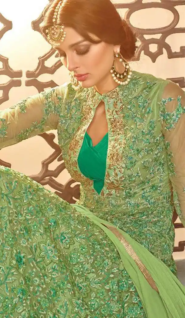 Olive Green Color Butterfly Net Designer Pakistani Anarkali Salwar Kameez - 423351568