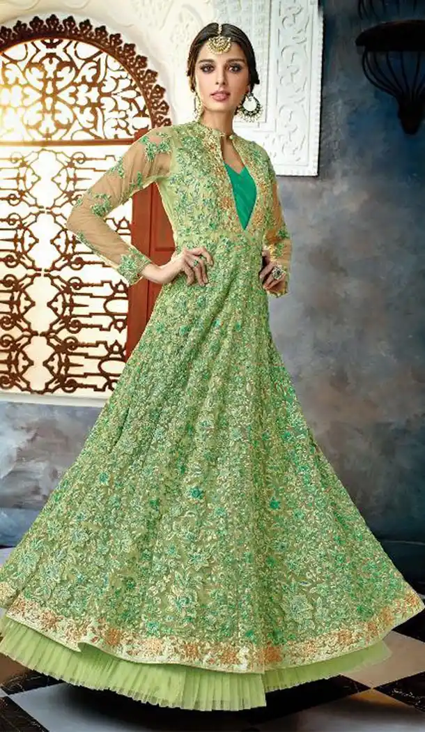 Olive Green Color Butterfly Net Designer Pakistani Anarkali Salwar Kameez - 423351568
