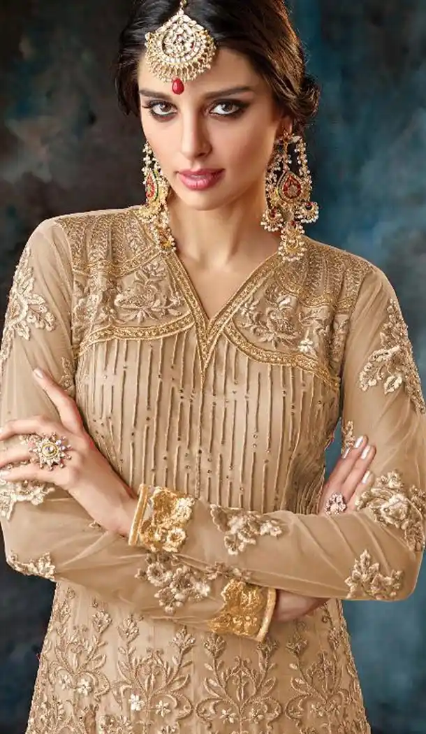 Biscuit Color Butterfly Net Designer Pakistani Anarkali Salwar Kameez - 423351569