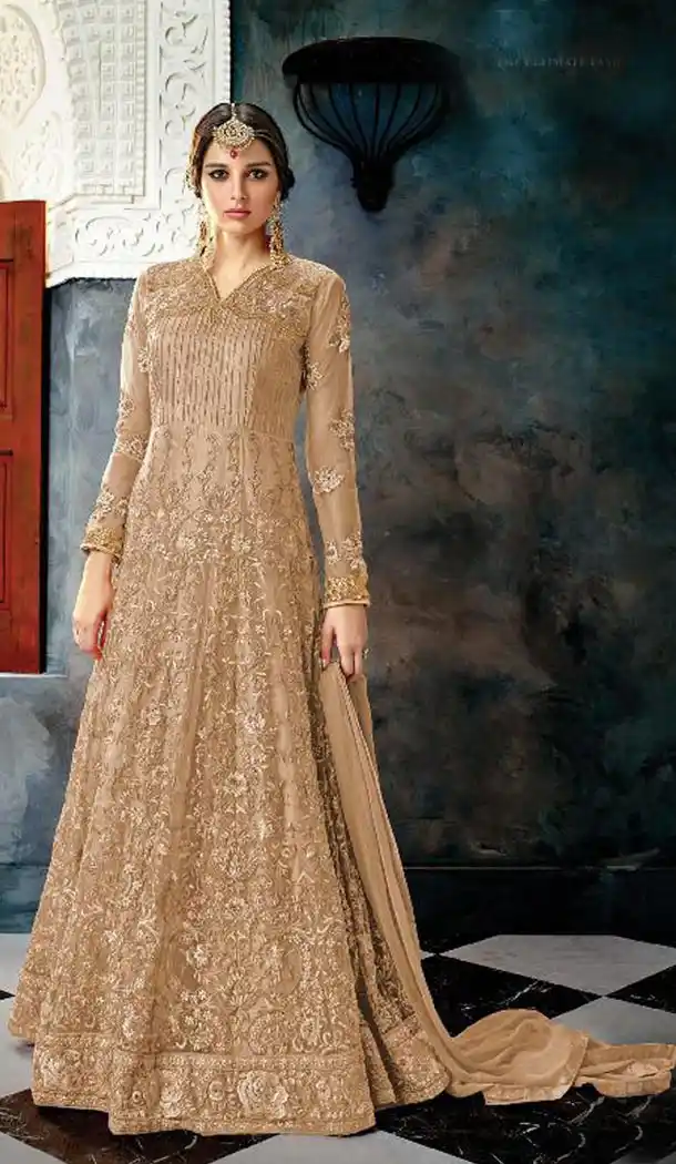 Biscuit Color Butterfly Net Designer Pakistani Anarkali Salwar Kameez - 423351569