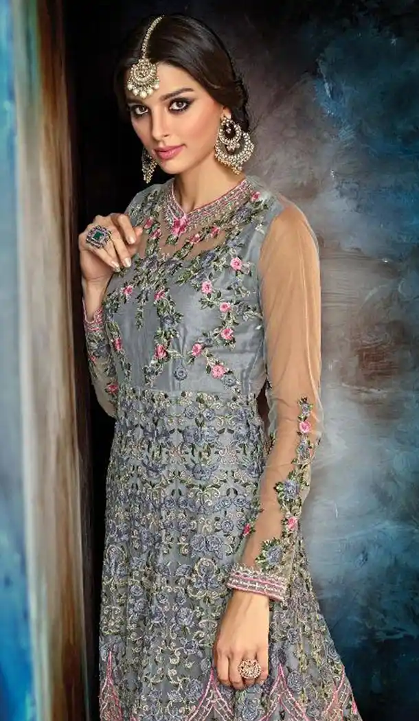 Grey Color Butterfly Net Designer Pakistani Anarkali Salwar Kameez - 423351570