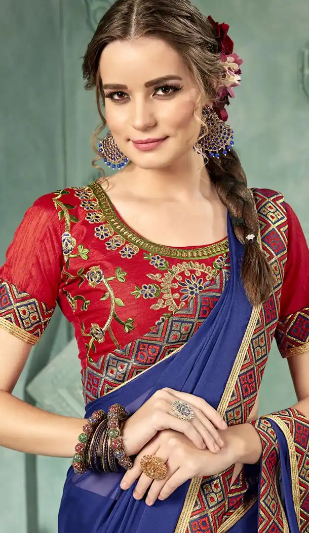 Blue Color 60 Grams Georgette Casual Wear Saree Blouse - 425851752