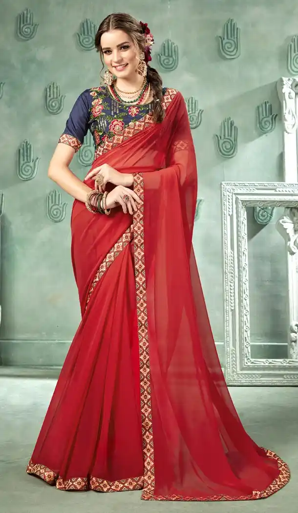Red Color 60 Grams Georgette Casual Wear Saree Blouse - 425851756