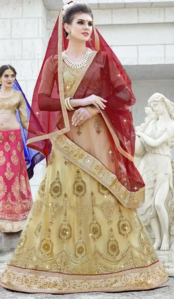 Alluring Beige Color Net Heavy Party Wear Lehenga Choli - 426051949