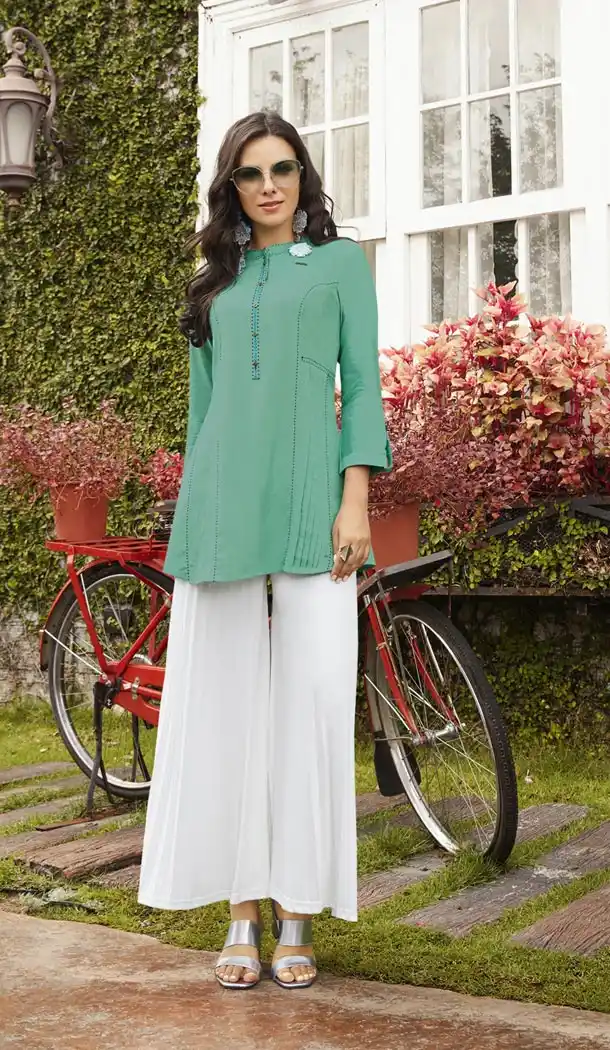 Ethnic Turquoise Color Rayon Embroidery Casual Wear Short Kurti - 427052053