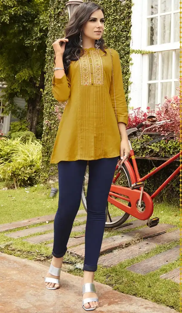 Charming Gold Color Rayon Embroidery Casual Wear Short Kurti - 427052054