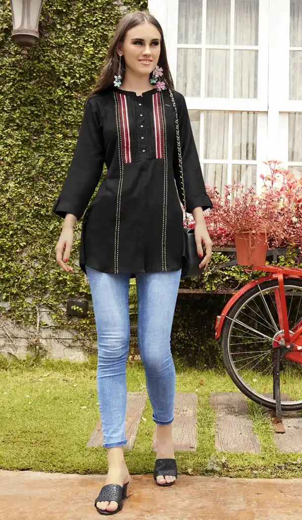 Ethnic Black Color Rayon Embroidery Casual Wear Short Kurti - 427052058