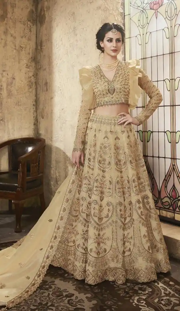 Beige Color Net Heavy Embroidery Designer Lehenga Choli - 431152696