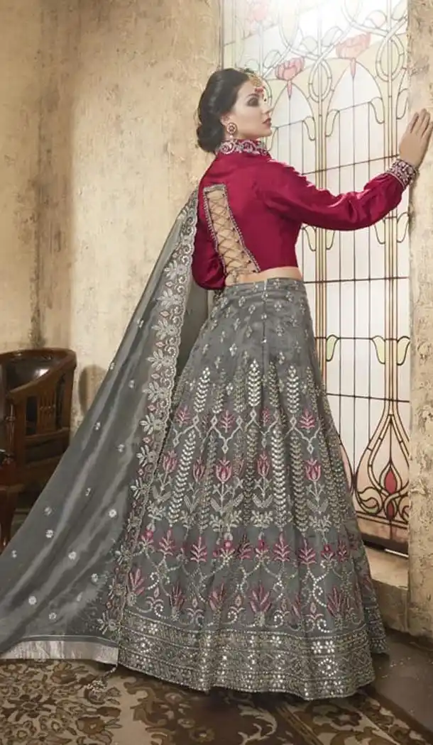 Grey Color Net Heavy Embroidery Designer Lehenga Choli - 431152697