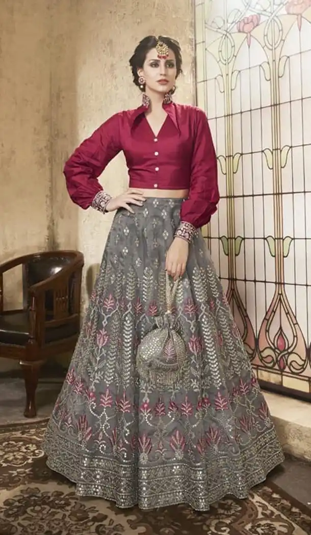 Grey Color Net Heavy Embroidery Designer Lehenga Choli - 431152697