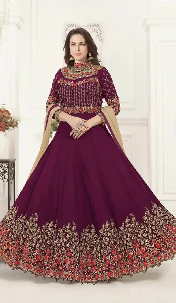 Wine Color Georgette Designer Abaya Style Long Salwar Kameez - 431052695