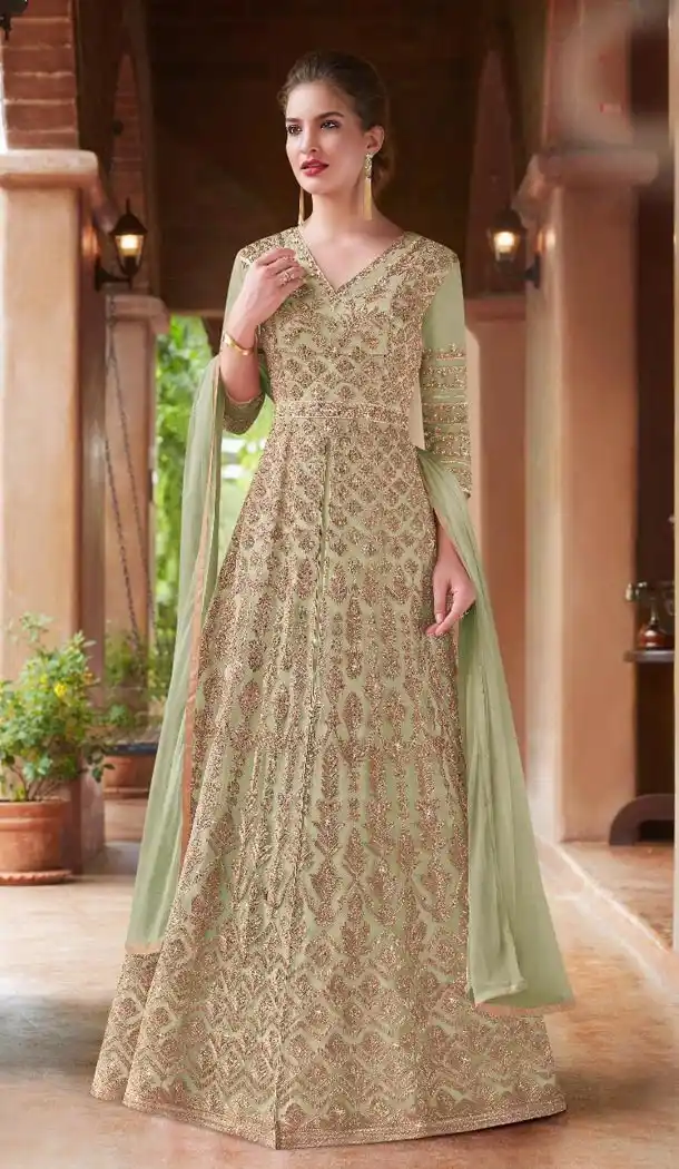 Green Color Net Designer Traditional Designer Embroidered Gown Suit - 431252704