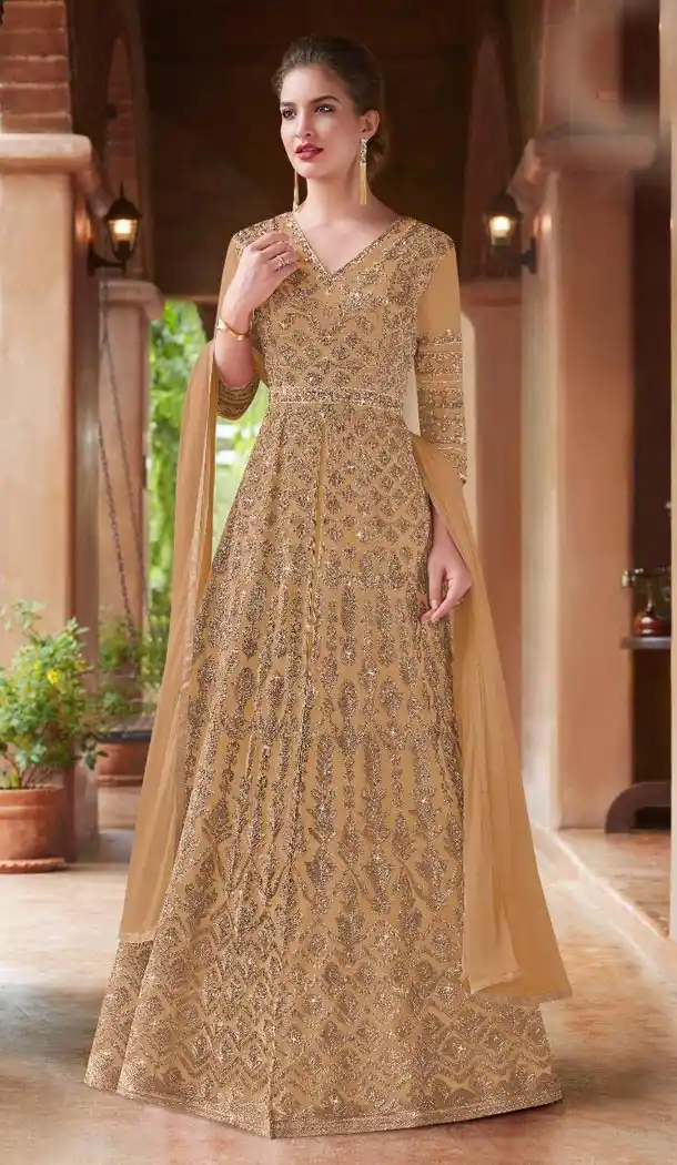 Beige Color Net Designer Traditional Designer Embroidered Gown Suit - 431252705