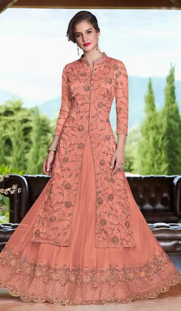 Coral Color Net Designer Traditional Designer Embroidered Lehenga Suit - 431252708