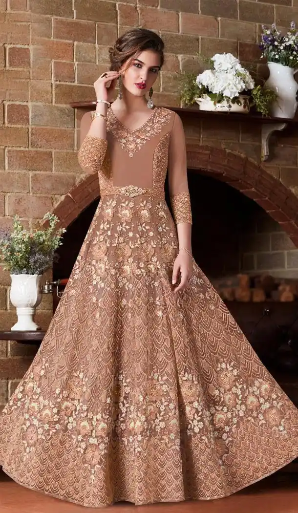Bronze Color Net Designer Wear Pakistani Anarkali Salwar Kameez - 431852749