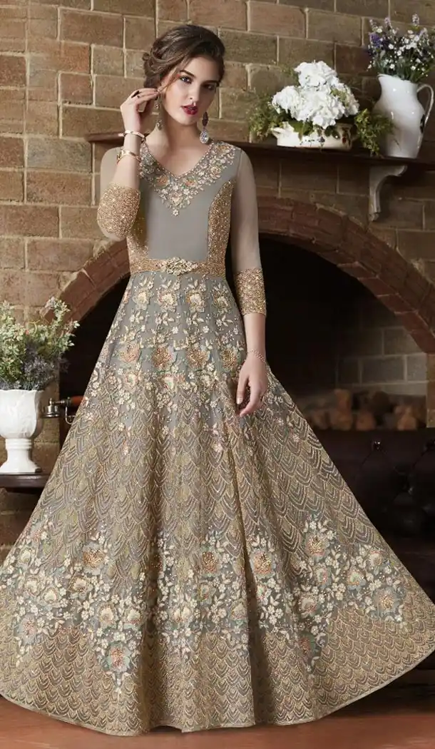 Grey Color Net Designer Wear Pakistani Anarkali Salwar Kameez - 431852751