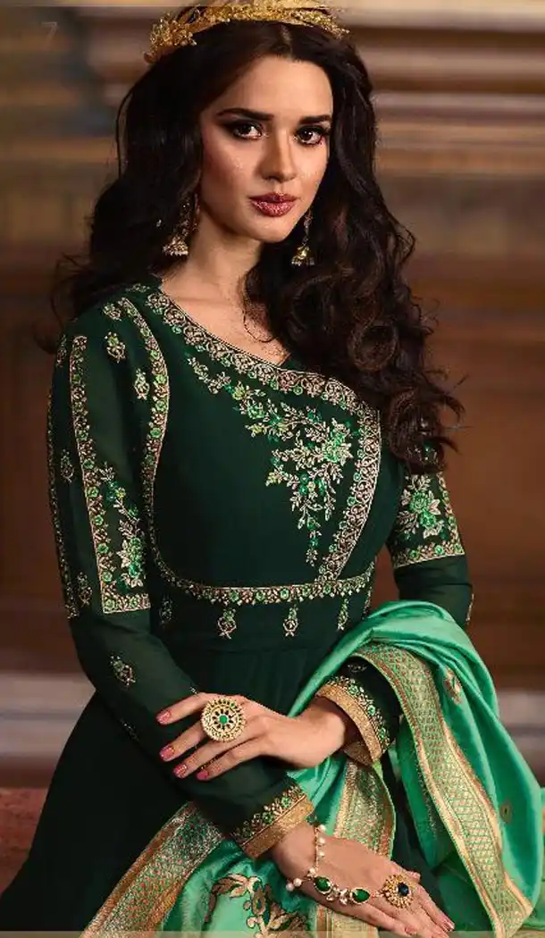 Dark Green Color Faux Georgette Pakistani Style Anarkali Salwar Kameez - 432553827