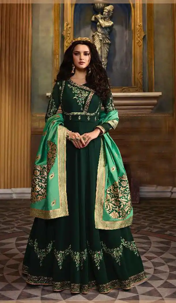 Dark Green Color Faux Georgette Pakistani Style Anarkali Salwar Kameez - 432553827