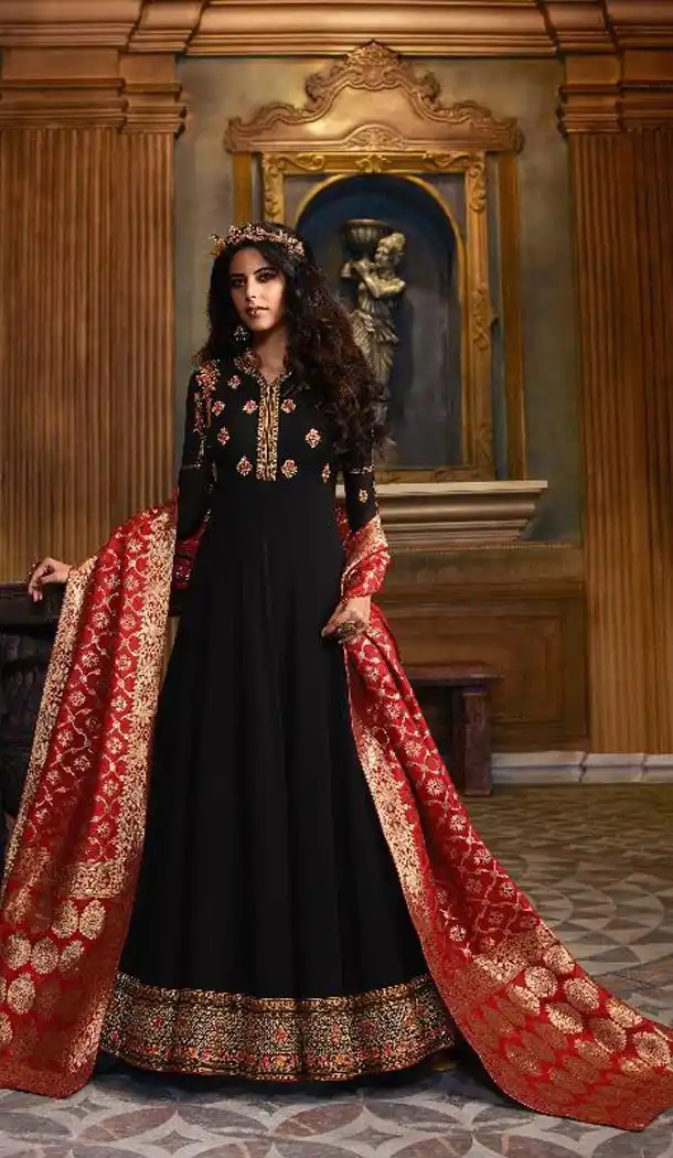 Black Color Faux Georgette Pakistani Style Anarkali Salwar Kameez - 432553828