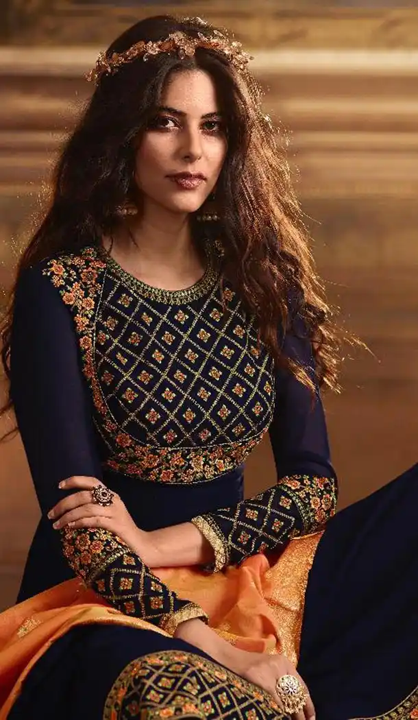 Navy Blue Color Faux Georgette Pakistani Style Anarkali Salwar Kameez - 432553830