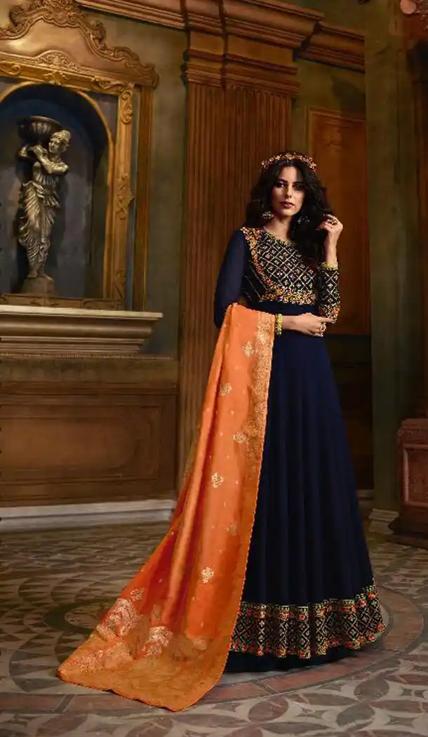 Navy Blue Color Faux Georgette Pakistani Style Anarkali Salwar Kameez - 432553830