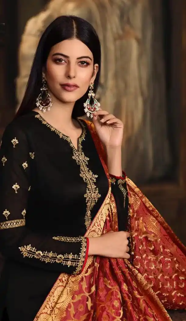 Black Color Satin Georgette Indian Party Wear Churidar Kameez - 432752866