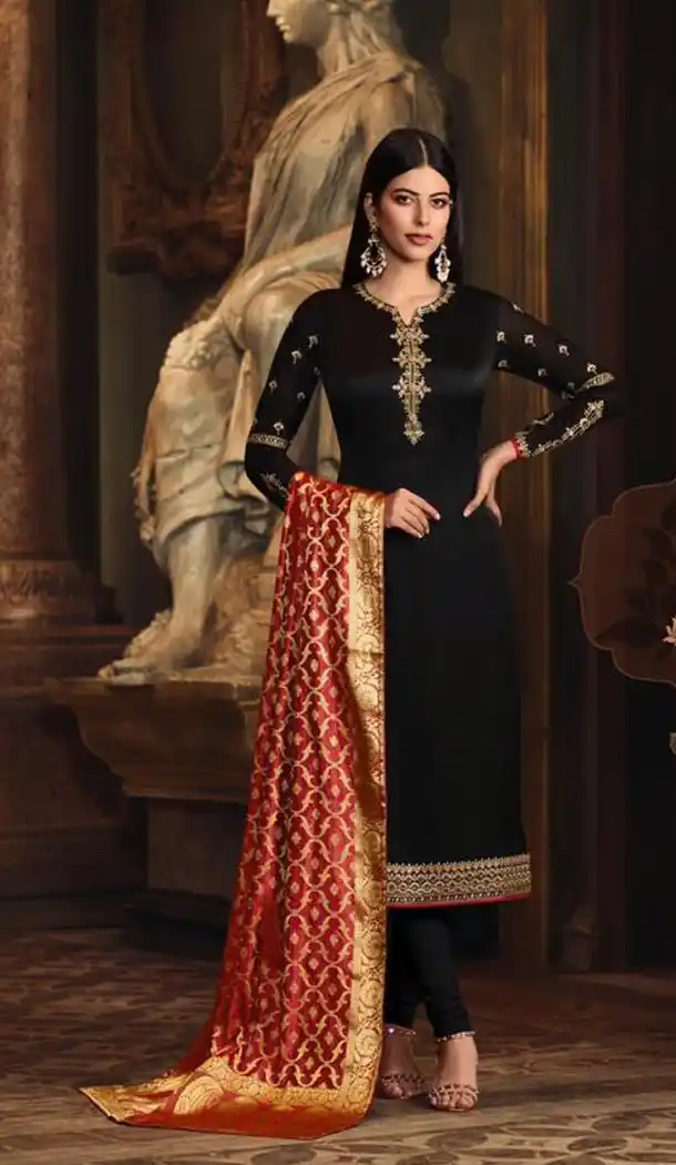 Black Color Satin Georgette Indian Party Wear Churidar Kameez - 432752866