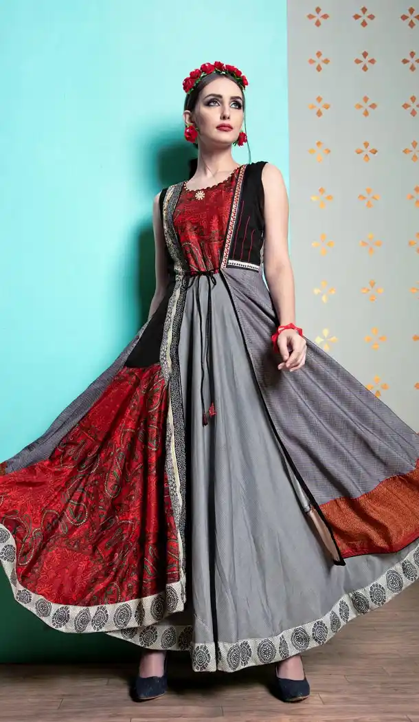 Grey And Red Color Heavy Michelin Abaya Style Designer Readymade Long Kurti - 432852870