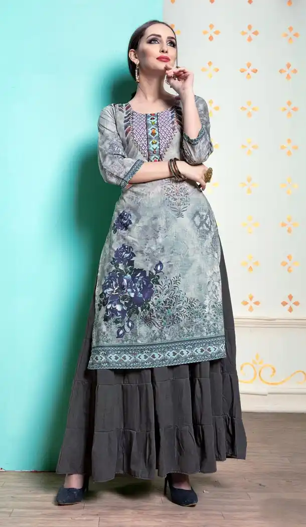 Grey Color Heavy Michelin Abaya Style Designer Readymade Long Kurti - 432852871