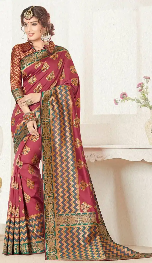 Ruby Color Silk Jacquard Traditional Wear Saree with Blouse - 429752554