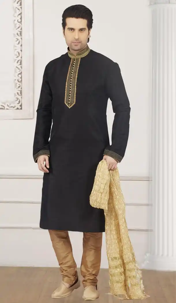 Fancy Black Color Banarasi Art Silk Ready Made Men Kurta Pajama - 433853034