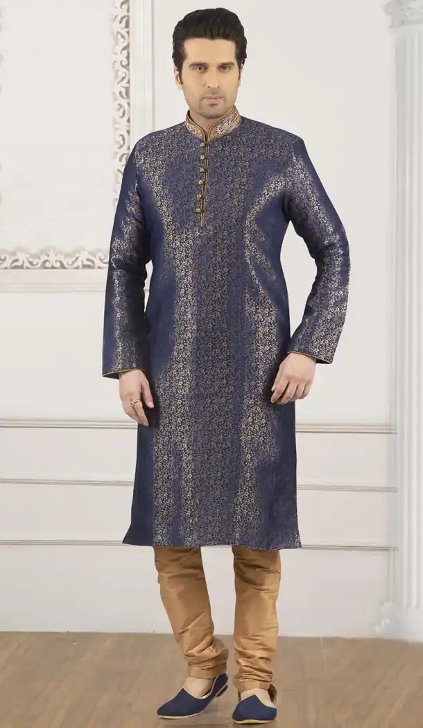 Gold Blue Color Jacquard Silk Brocade Ready Made Men Kurta Pajama - 433853036