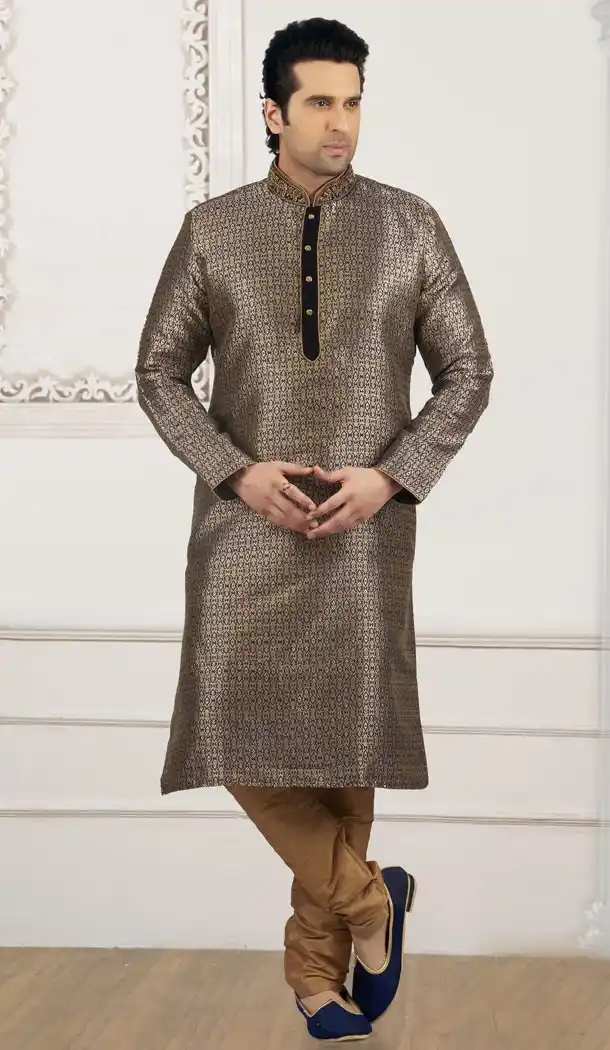 Golden Color Jacquard Silk Brocade Ready Made Men Kurta Pajama - 433853037