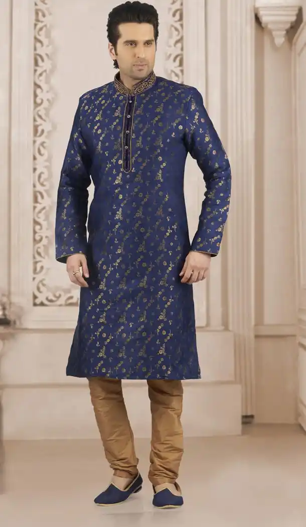Golden Blue Color Jacquard Silk Brocade Ready Made Men Kurta Pajama - 433853038