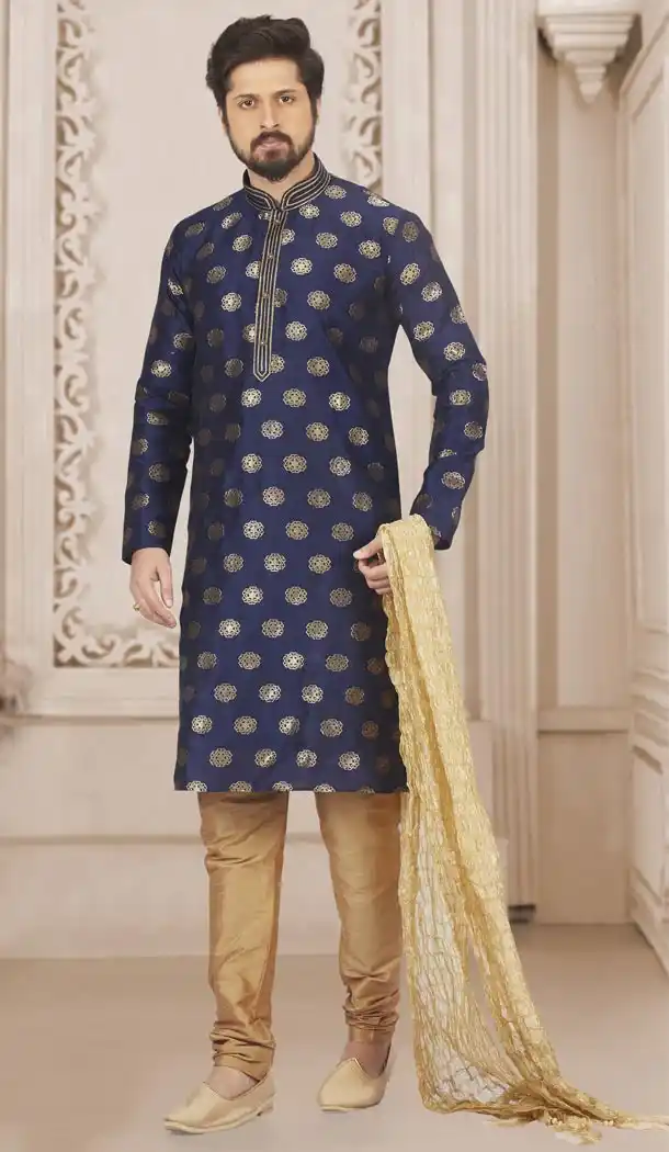 Tantalizing Blue Color Jacquard Silk Brocade Ready Made Men Kurta Pajama