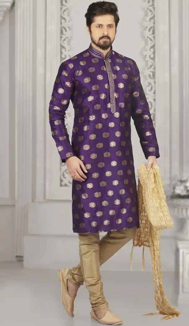 Alluring Purple Color Jacquard Silk Brocade Ready Made Men Kurta Pajama - 433853041