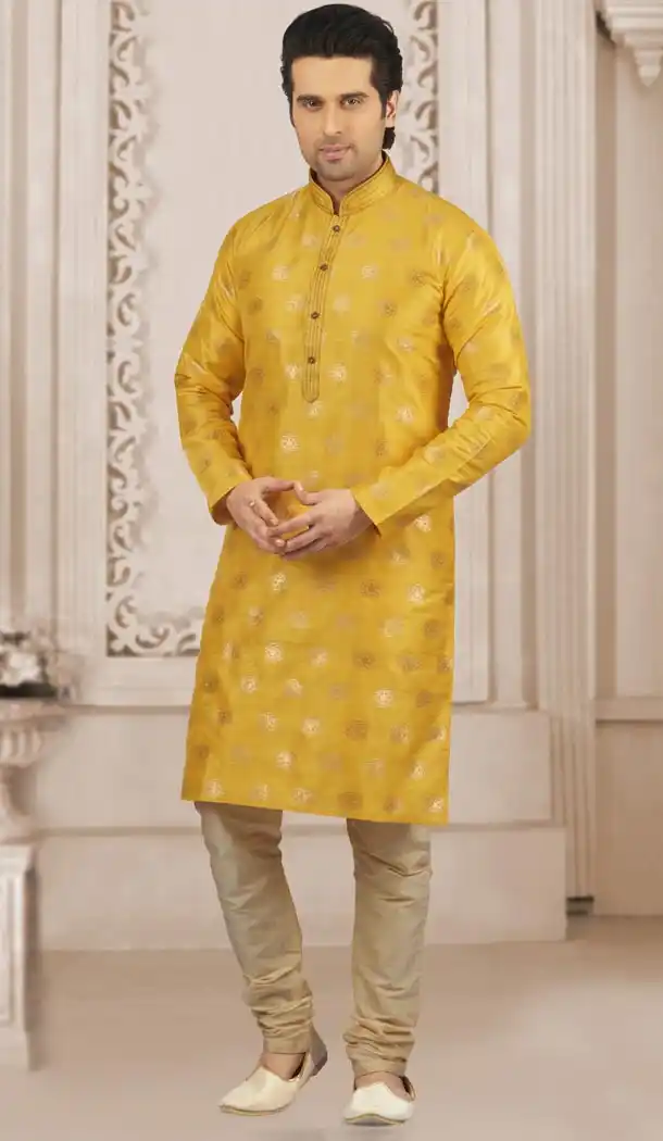 Gorgeous Yellow Color Jacquard Silk Brocade Ready Made Men Kurta Pajama - 433853043