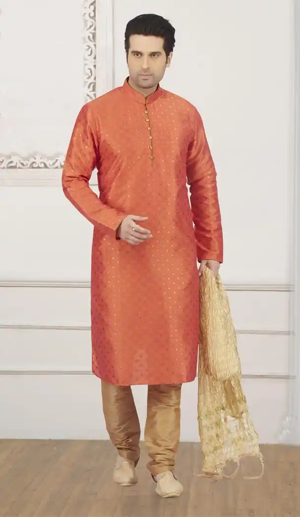 Chic Orange Color Jacquard Silk Brocade Ready Made Men Kurta Pajama - 433853044