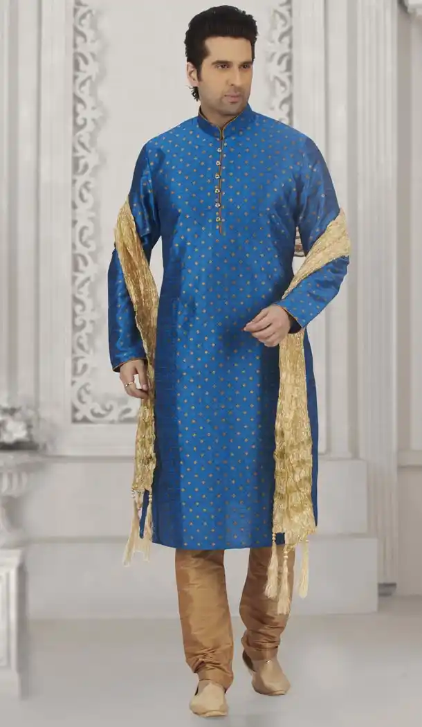 Blue Color Jacquard Silk Brocade Ready Made Men Kurta Pajama - 433853045