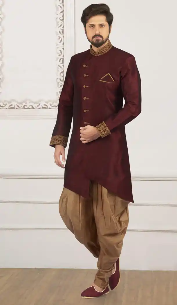 Wine Color Banarasi Art Silk Ready Made Men Semi Indo Peshawari - 433853047