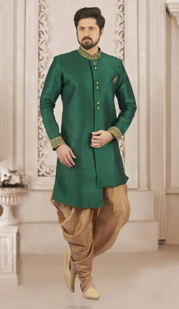Green Color Banarasi Art Silk Ready Made Men Semi Indo Peshawari - 433853048