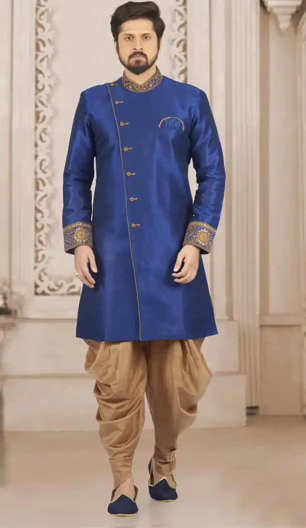 Blue Color Banarasi Art Silk Ready Made Men Semi Indo Peshawari - 433853049