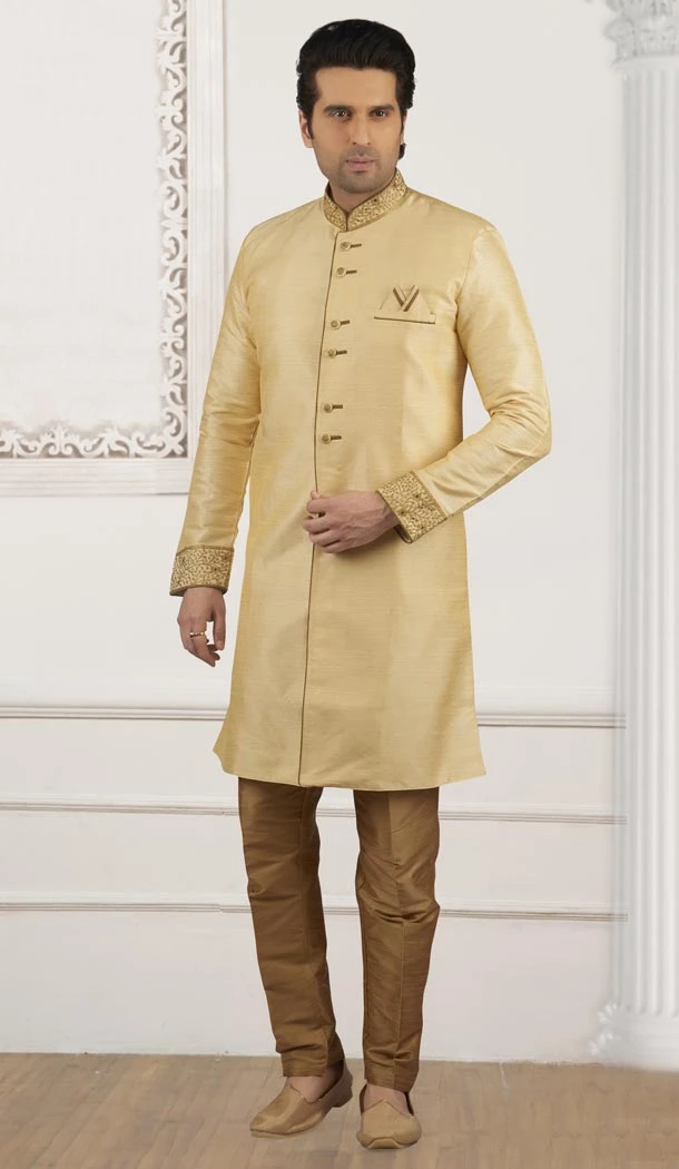 Golden Color Banarasi Art Silk Ready Made Men Semi Indo Aligadhi Pant - 433853050