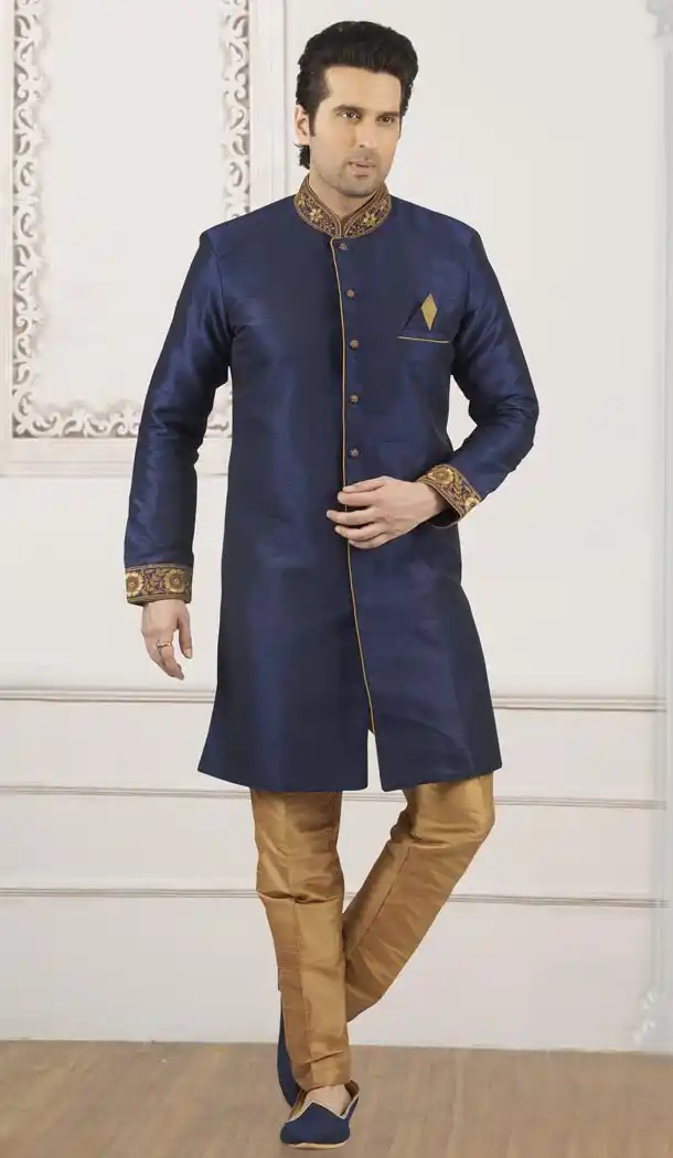 Blue Color Banarasi Art Silk Ready Made Men Semi Indo Aligadhi Pant - 433853051